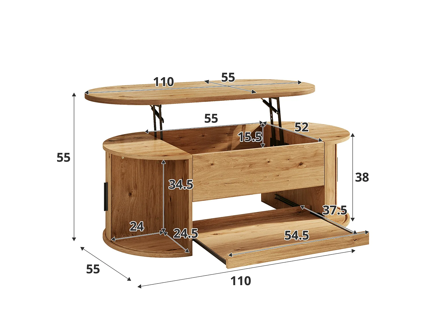 Ovale salontafel met liftblad, opbergruimte, schuifdeuren en uitschuifbaar plateau