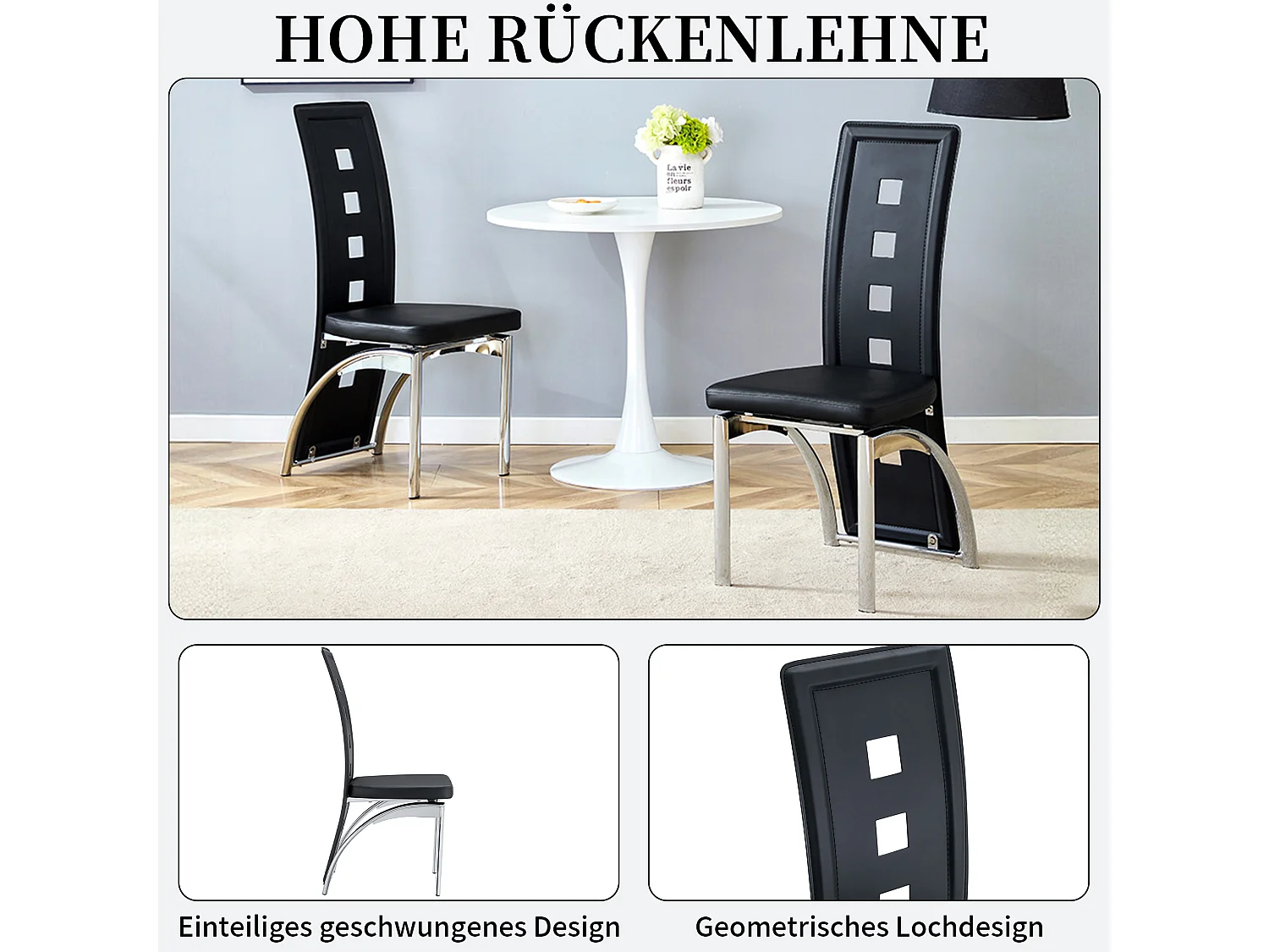 Set van 2 eetkamerstoelen met hoge geometrische rugleuning en metalen poten