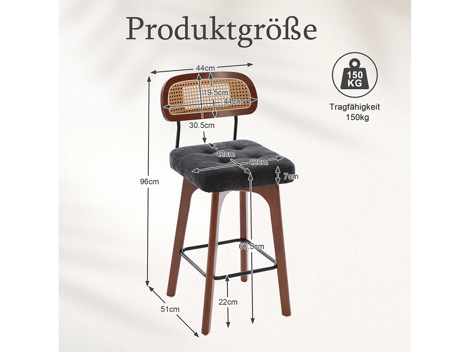 Lot de 2 tabourets de bar pivotants avec dossier cannage assise chenille et pieds bois