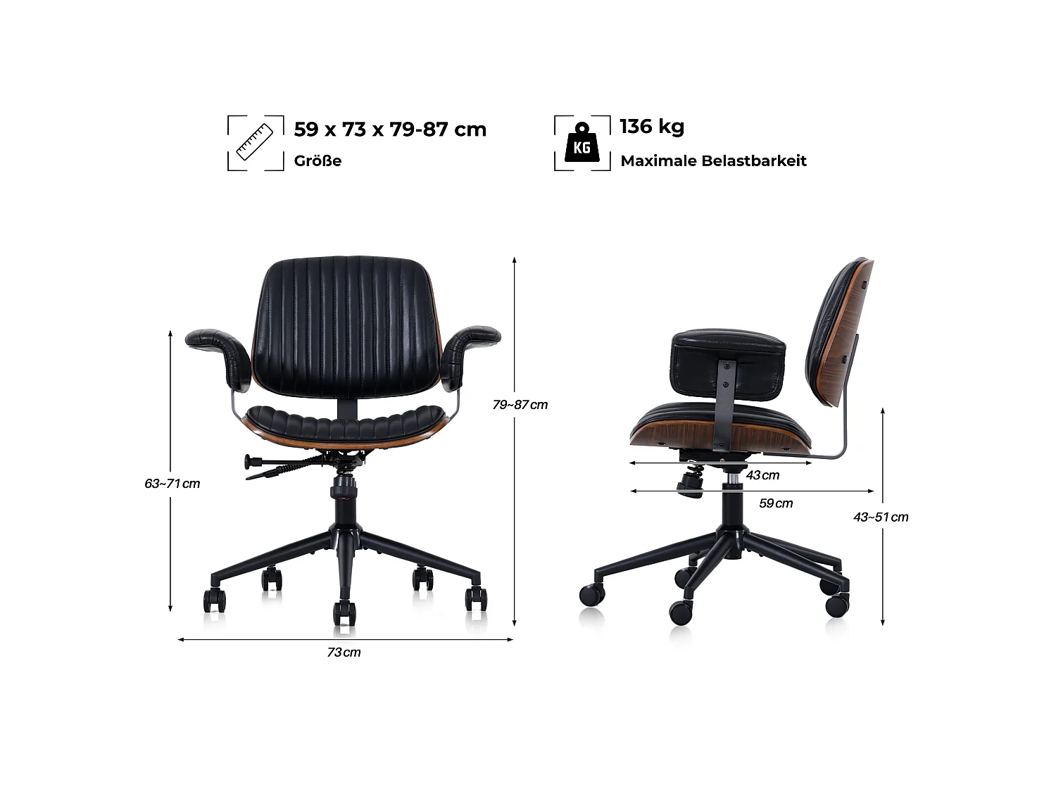 Fauteuil de bureau ergonomique en cuir véritable avec accoudoirs rembourrés et coque en bois courbé