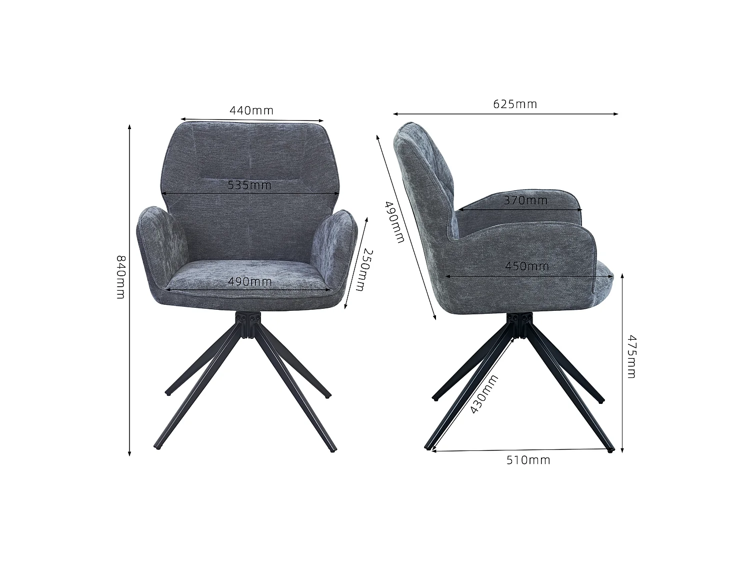 Lot de 2 chaises de salle à manger pivotantes en chenille avec dossier enveloppant