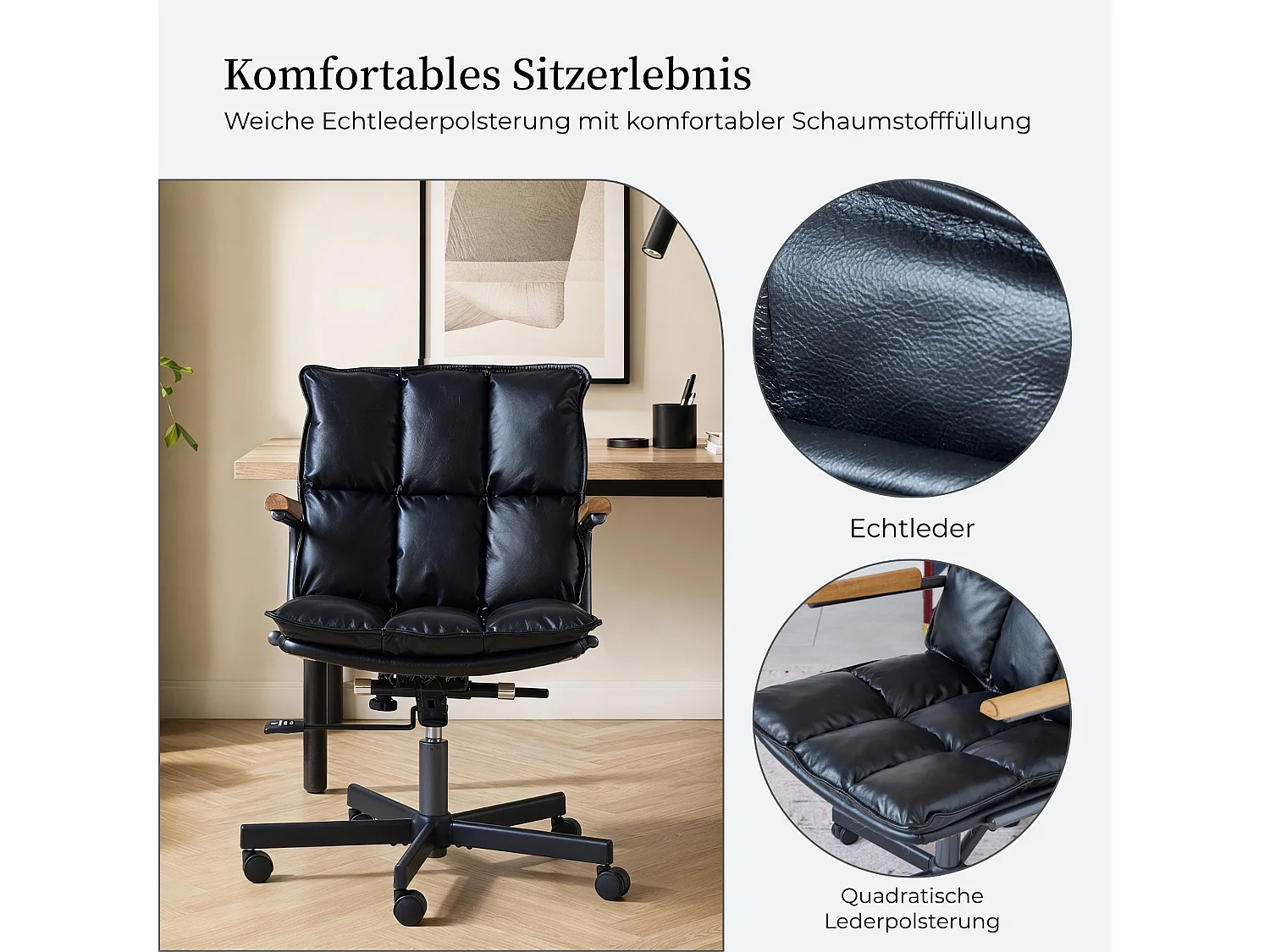 Fauteuil de bureau ergonomique en cuir véritable avec accoudoirs en chêne et fonction bascule