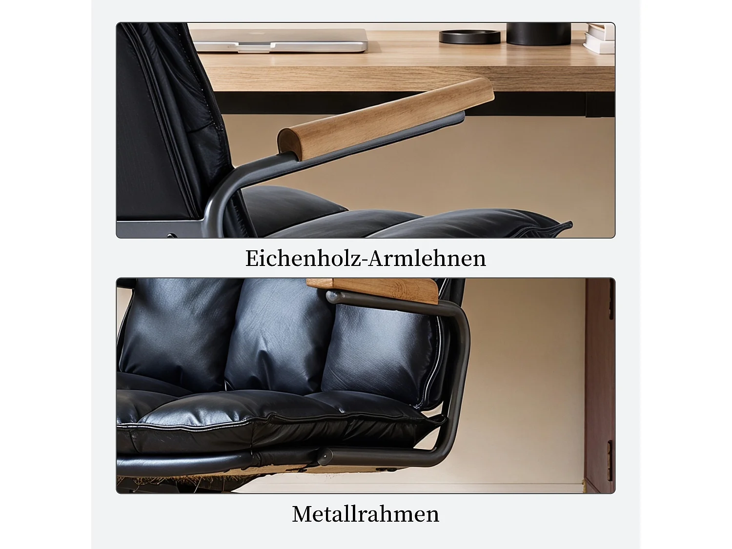 Fauteuil de bureau ergonomique en cuir véritable avec accoudoirs en chêne et fonction bascule