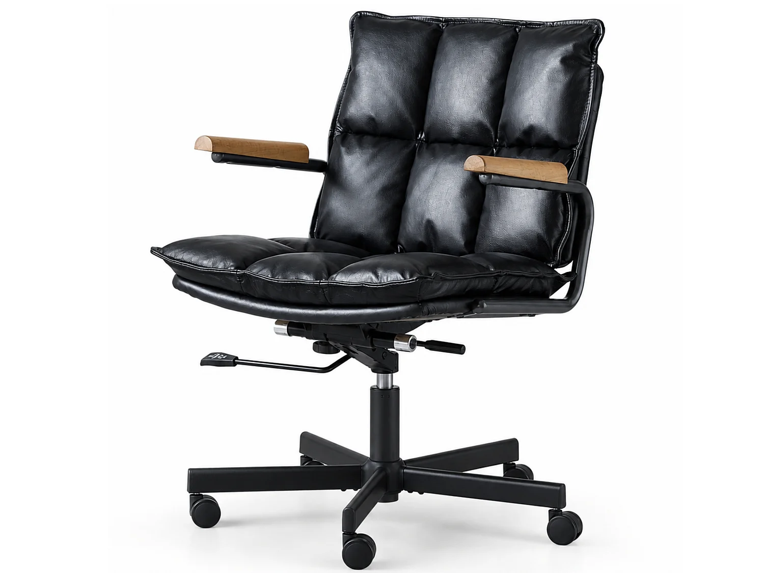 Fauteuil de bureau ergonomique en cuir véritable avec accoudoirs en chêne et fonction bascule