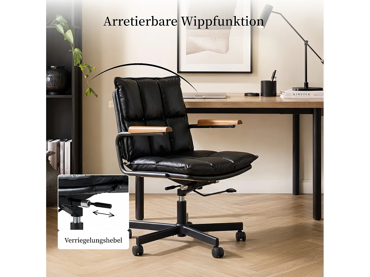 Fauteuil de bureau ergonomique en cuir véritable avec accoudoirs en chêne et fonction bascule