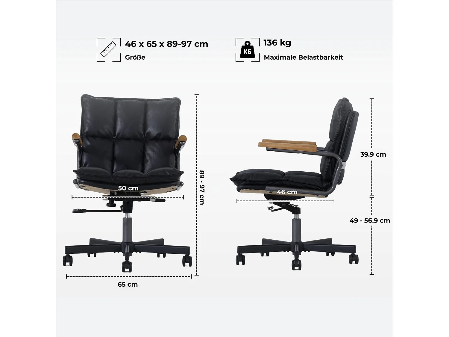Fauteuil de bureau ergonomique en cuir véritable avec accoudoirs en chêne et fonction bascule