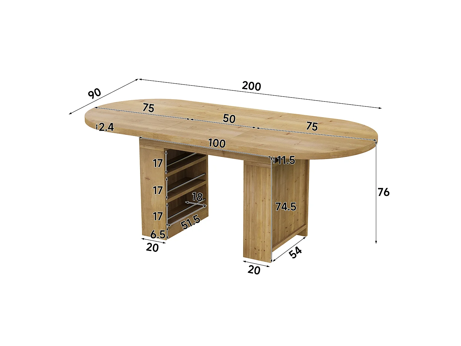 Table à manger extensible avec rangement des deux côtés pour 6 à 8 personnes 150 à 200 cm