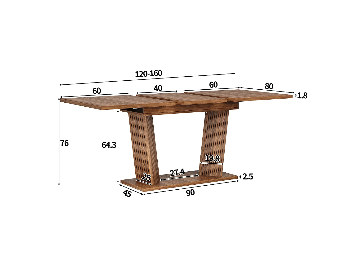 Table à manger extensible avec doubles supports inclinés pour 4 à 6 personnes 120 à 160 cm