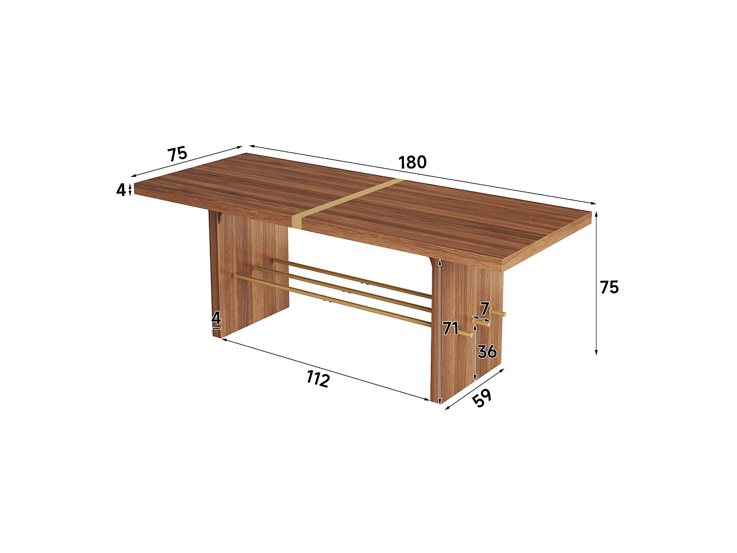 Table à manger rectangulaire avec détails dorés pour 6 à 8 personnes 180 x 75 cm