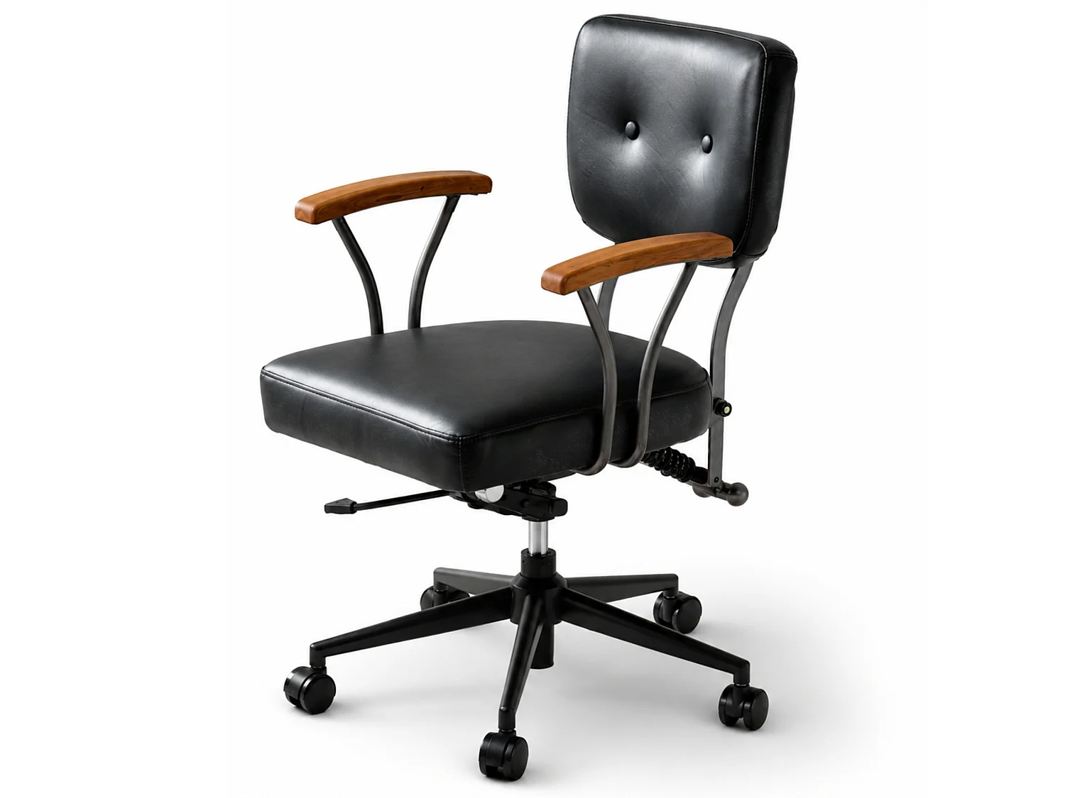 Fauteuil de bureau ergonomique en cuir véritable avec accoudoirs en chêne et bascule verrouillable