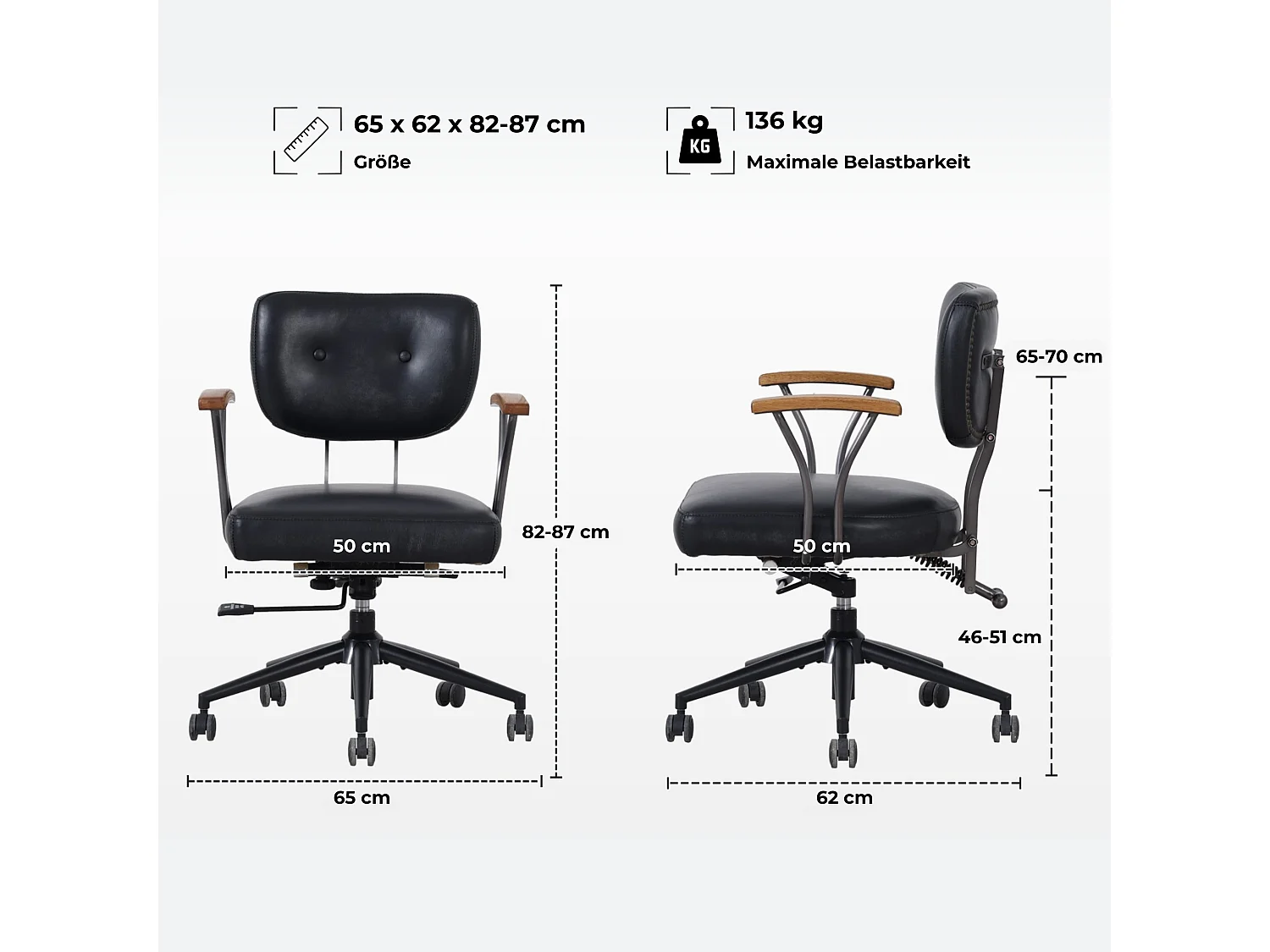 Fauteuil de bureau ergonomique en cuir véritable avec accoudoirs en chêne et bascule verrouillable