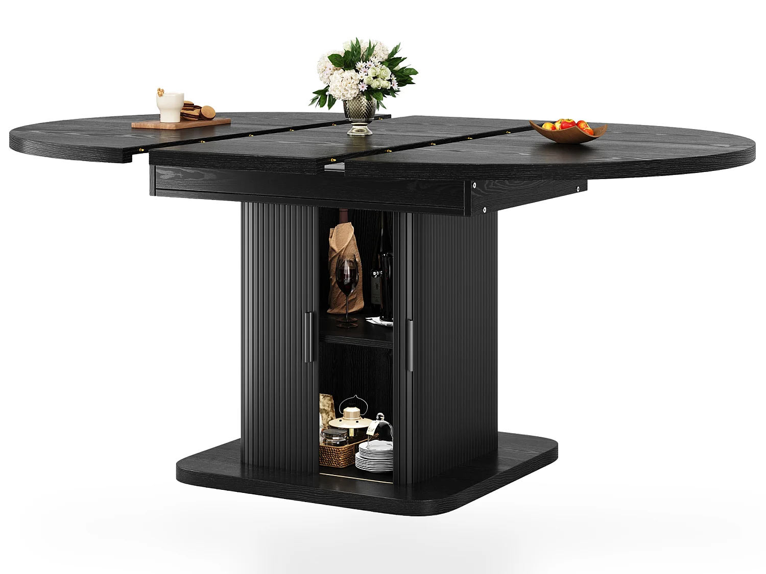 Ovale uitschuifbare eettafel met opbergkast en schuifdeuren voor 4 tot 6 personen 110 tot 150 cm