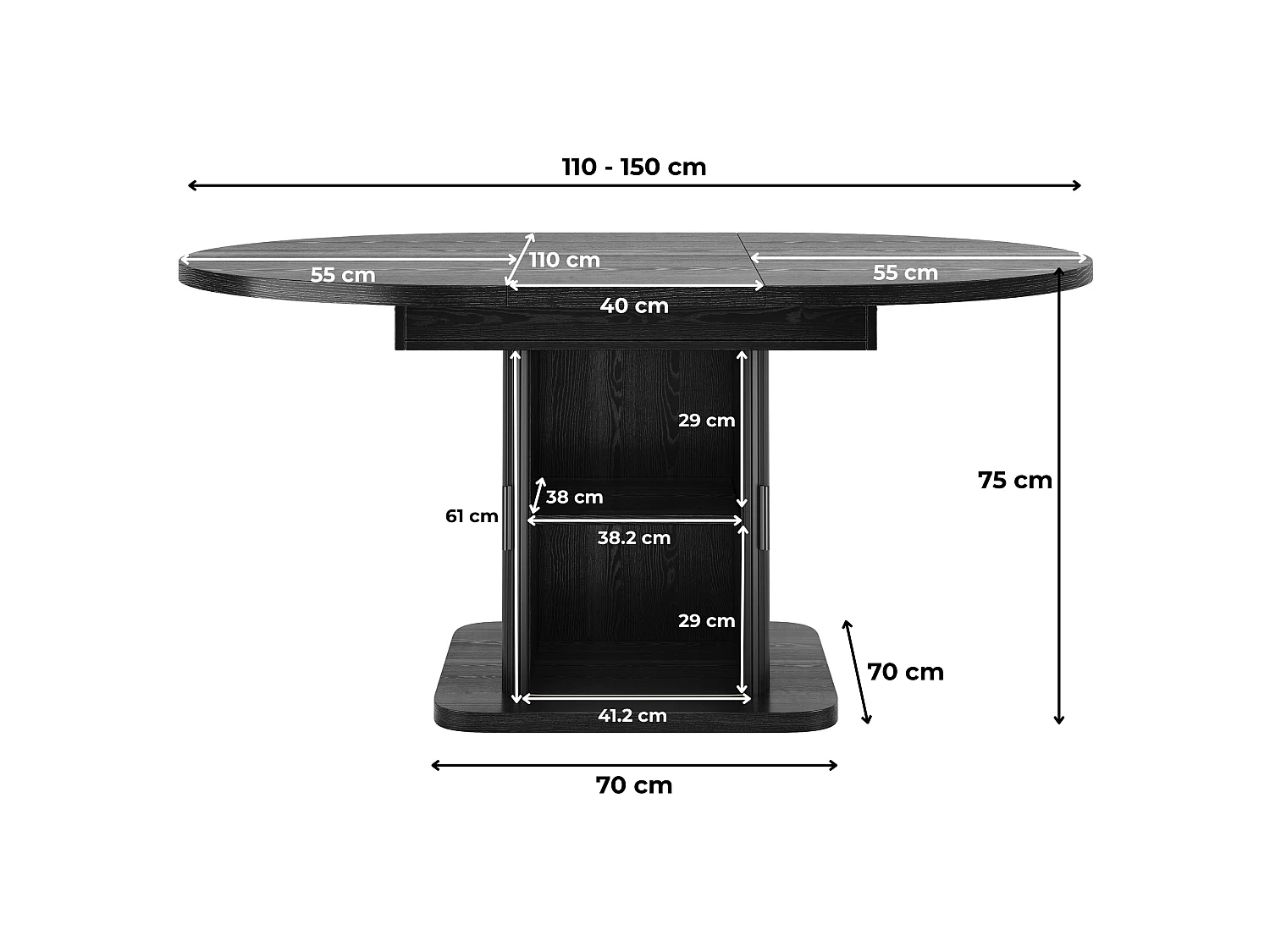 Ovale uitschuifbare eettafel met opbergkast en schuifdeuren voor 4 tot 6 personen 110 tot 150 cm