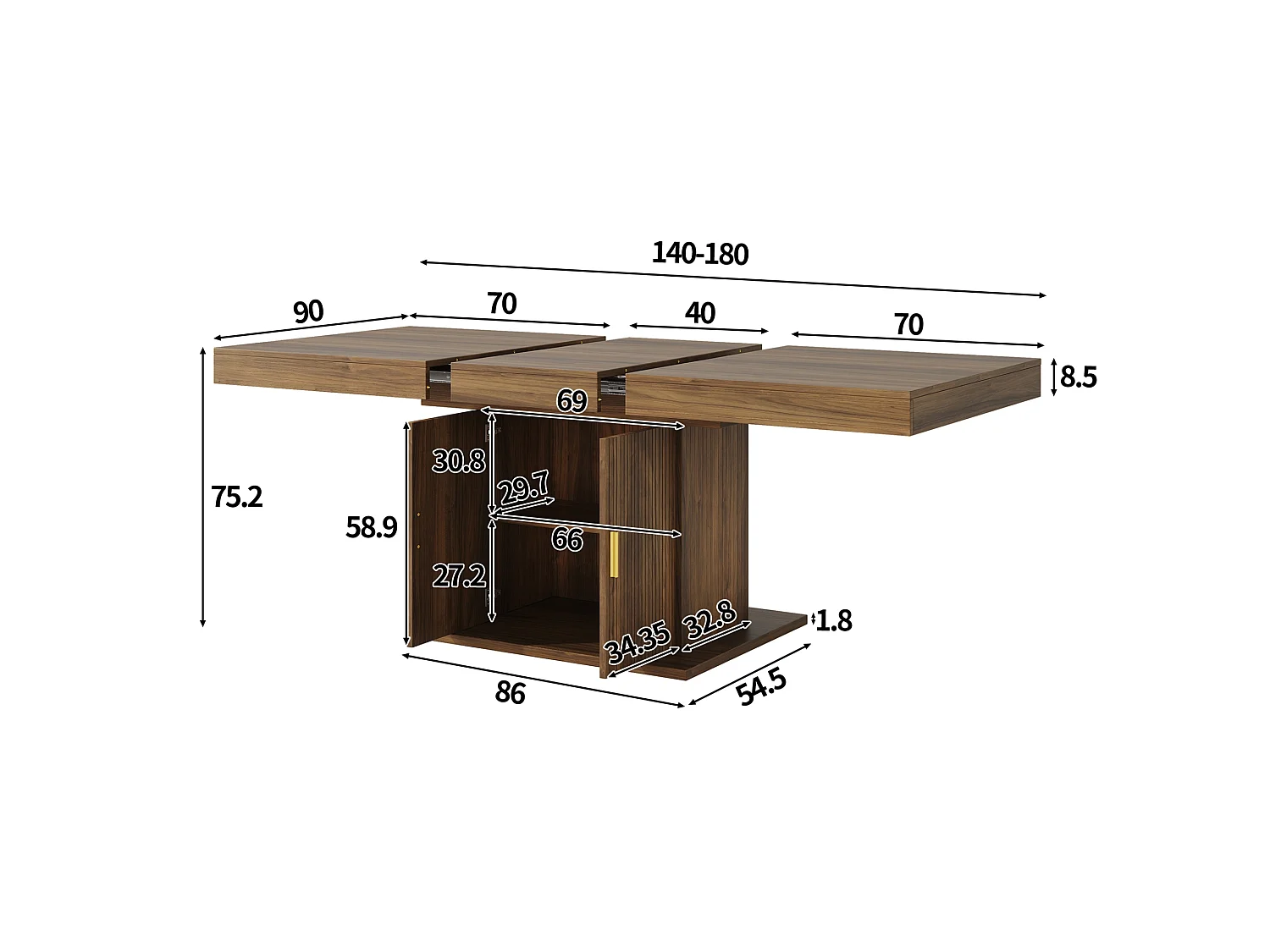 Table à manger extensible avec placard de rangement pour 6 à 8 personnes 140 à 180 cm