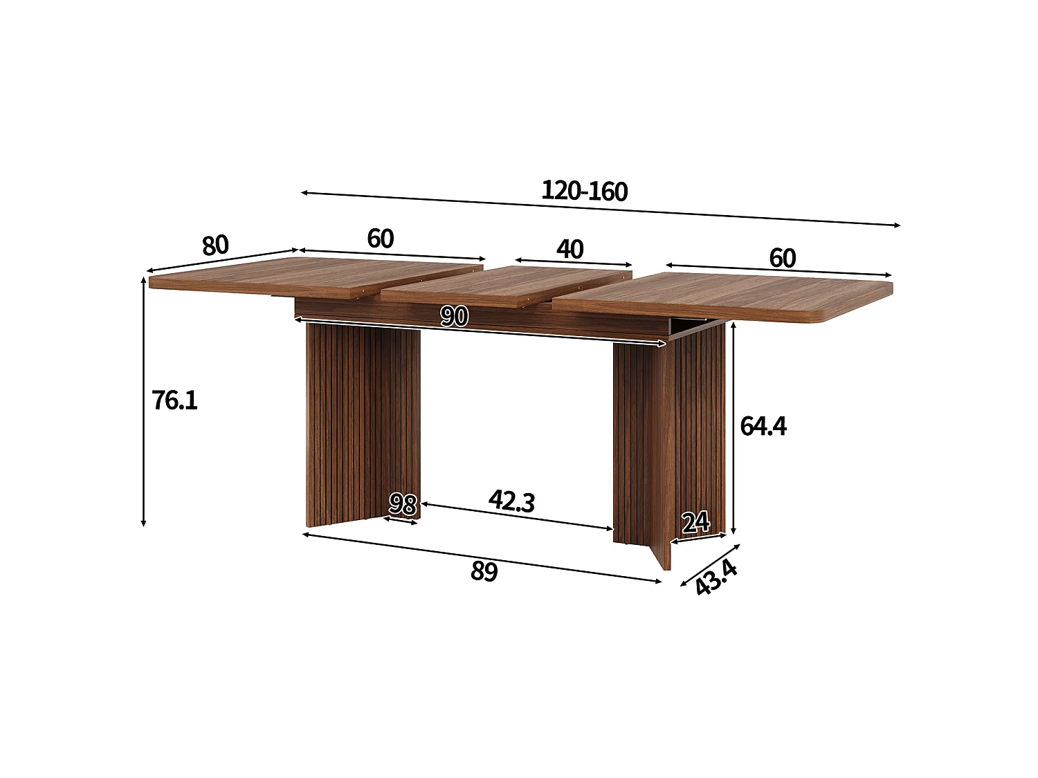 Table à manger rectangulaire extensible avec pieds en V rainurés pour 4 à 6 personnes 120 à 160 cm