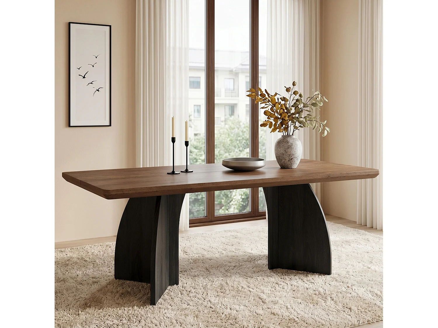 Table à manger rectangulaire aux angles arrondis et pieds courbés pour 4 à 6 personnes 160 x 80 cm