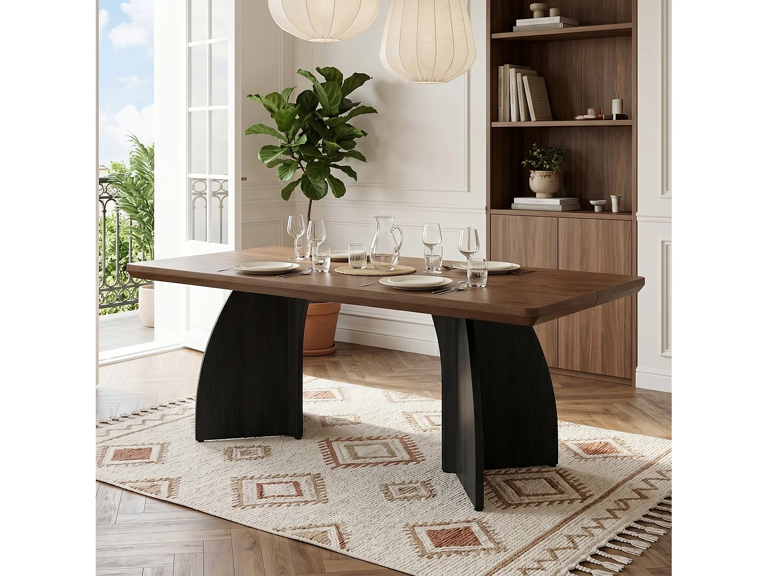 Table à manger rectangulaire aux angles arrondis et pieds courbés pour 4 à 6 personnes 160 x 80 cm