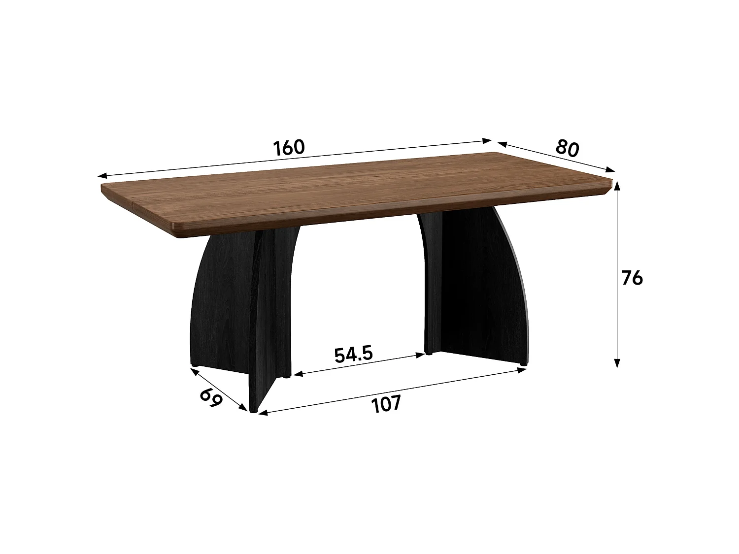 Table à manger rectangulaire aux angles arrondis et pieds courbés pour 4 à 6 personnes 160 x 80 cm