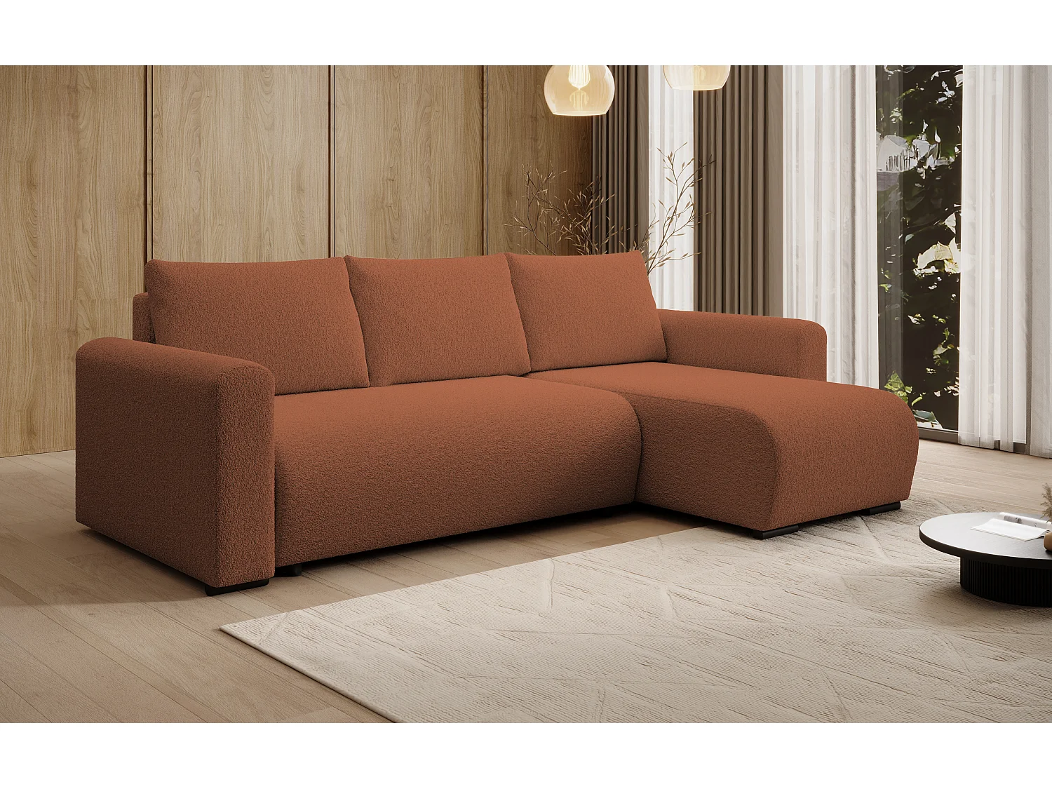 ECKSOFA DORA L, Eckcouch in L-Form mit Schlaffunktion und Bettkasten, Farbe: Orange, Bouclé-Stoff, Ottomane Rechts
