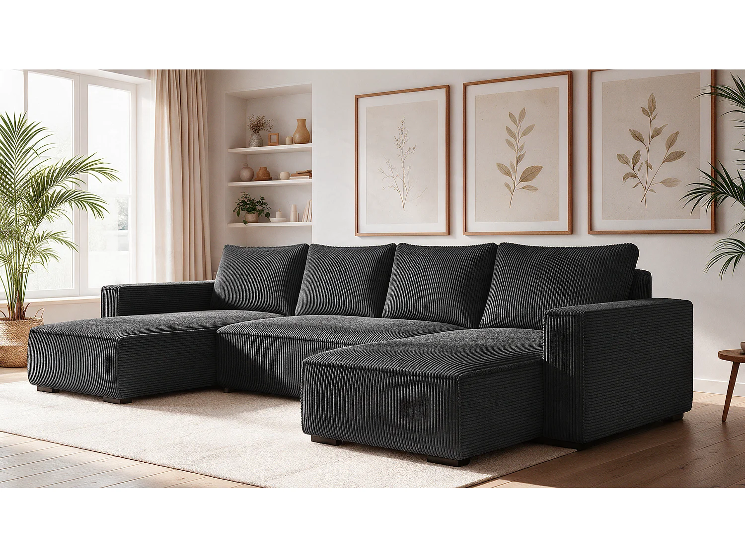 WOHNLANDSCHAFT CUDDY U mit Schlaffunktion und Bettkasten, Farbe: Schwarz, Cordstoff