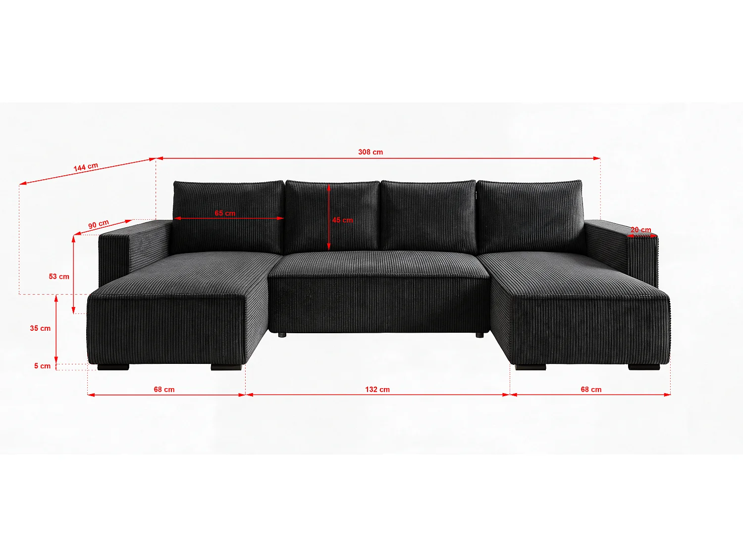 WOHNLANDSCHAFT CUDDY U mit Schlaffunktion und Bettkasten, Farbe: Schwarz, Cordstoff
