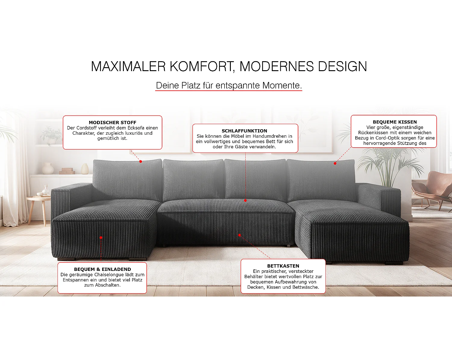 WOHNLANDSCHAFT CUDDY U mit Schlaffunktion und Bettkasten, Farbe: Schwarz, Cordstoff