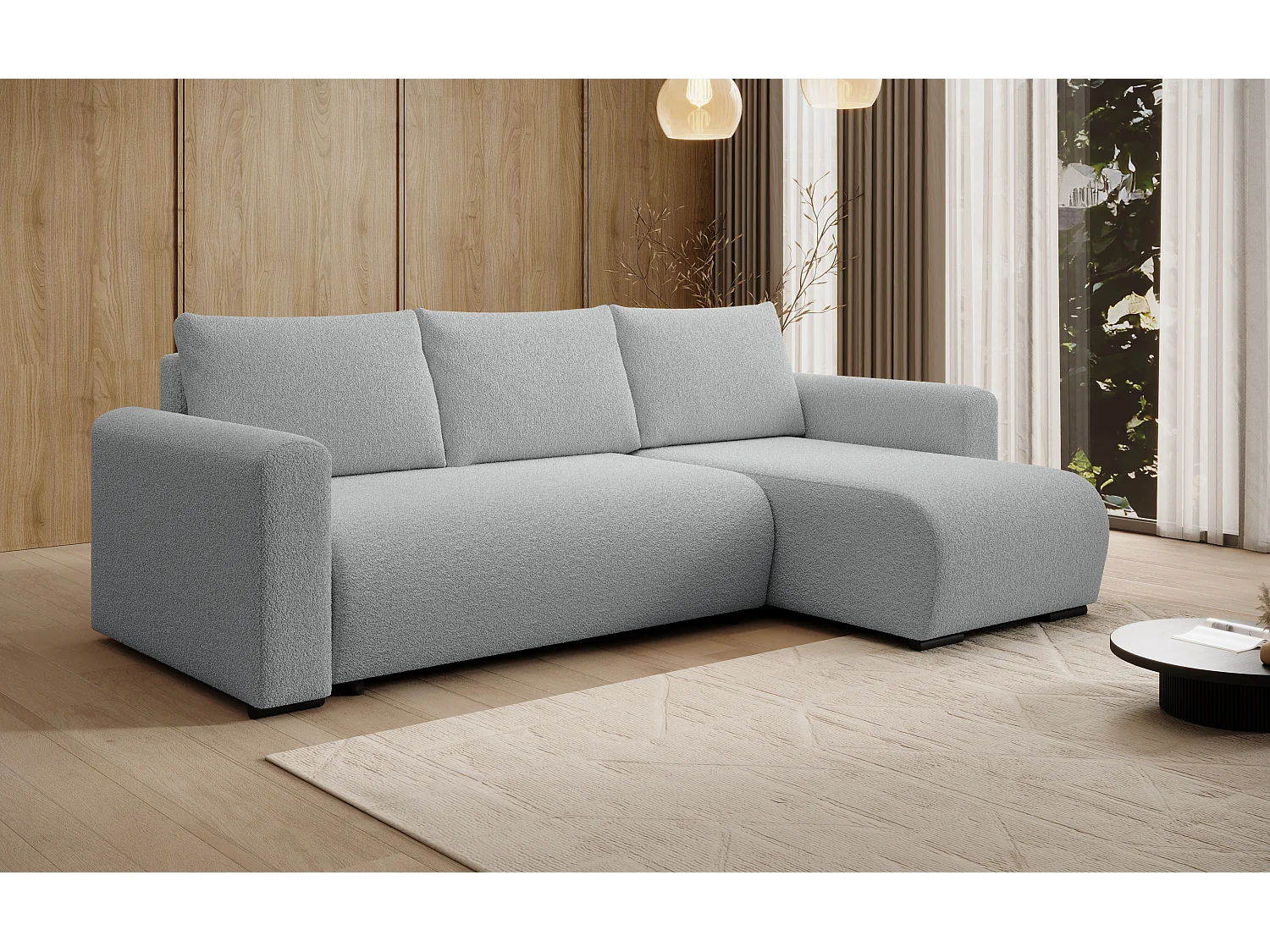ECKSOFA DORA L, Eckcouch in L-Form mit Schlaffunktion und Bettkasten, Farbe: Grau, Bouclé-Stoff, Ottomane Rechts