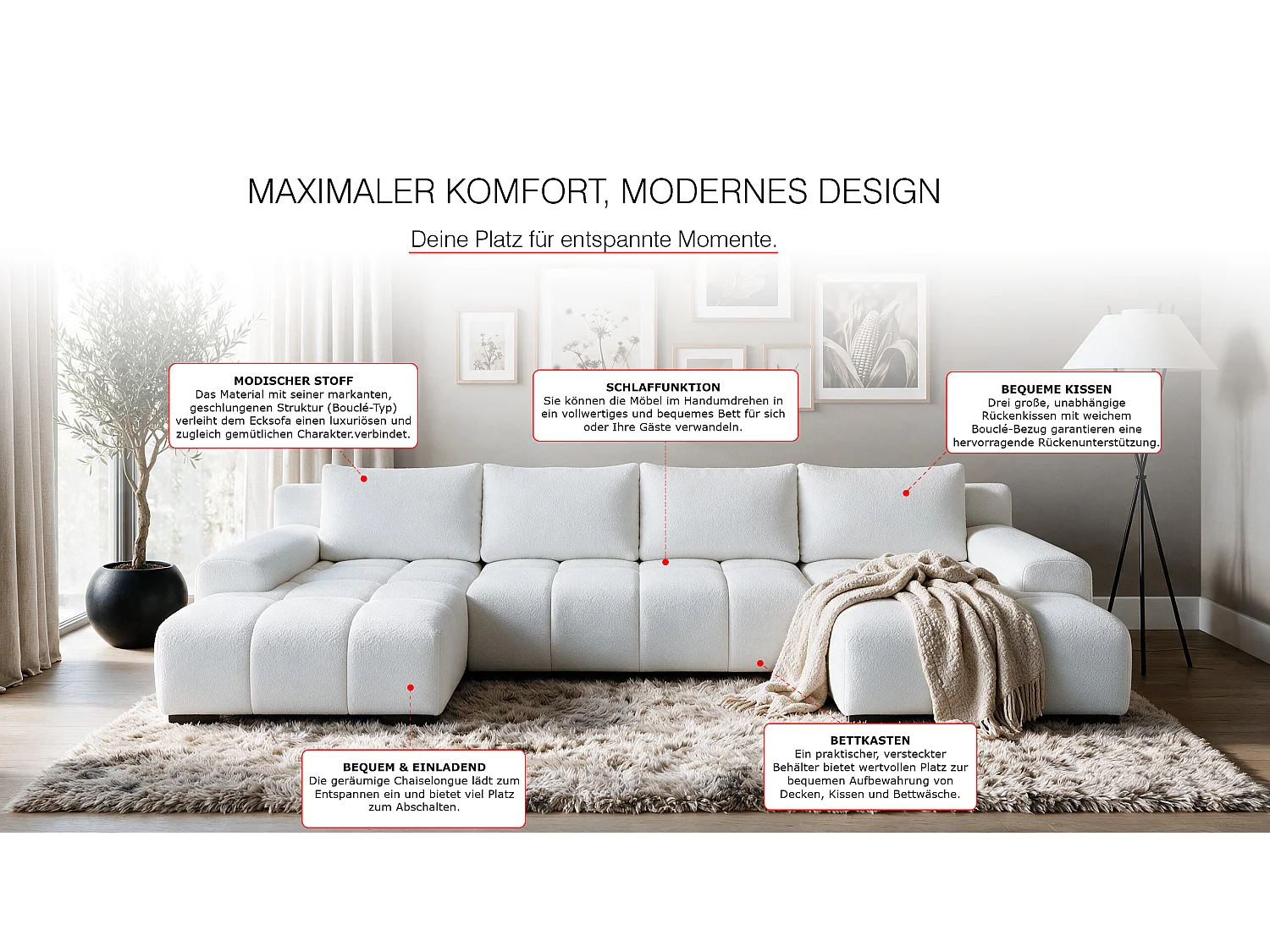 WOHNLANDSCHAFT OVIA U mit Bettkasten und Schlaffunktion, Bouclé-Stoff in U-Form