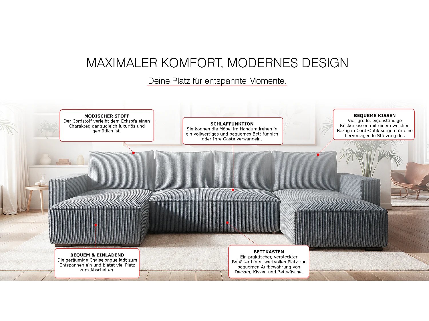 WOHNLANDSCHAFT CUDDY U mit Schlaffunktion und Bettkasten, Farbe: Dunkelgrau, Cordstoff