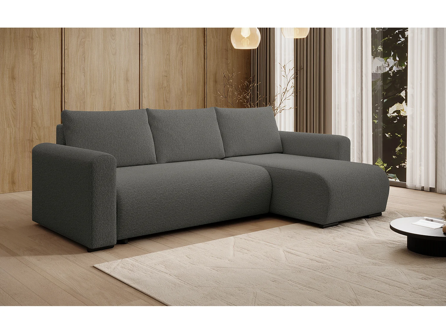 ECKSOFA DORA L, Eckcouch in L-Form mit Schlaffunktion und Bettkasten, Farbe: Dunkelgrau, Bouclé-Stoff, Ottomane Rechts