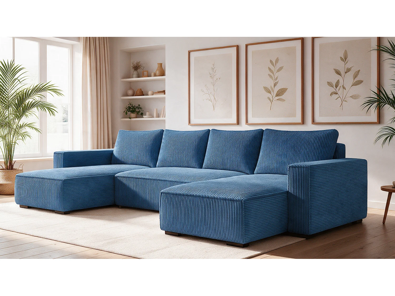 WOHNLANDSCHAFT CUDDY U mit Schlaffunktion und Bettkasten, Farbe: Blau, Cordstoff