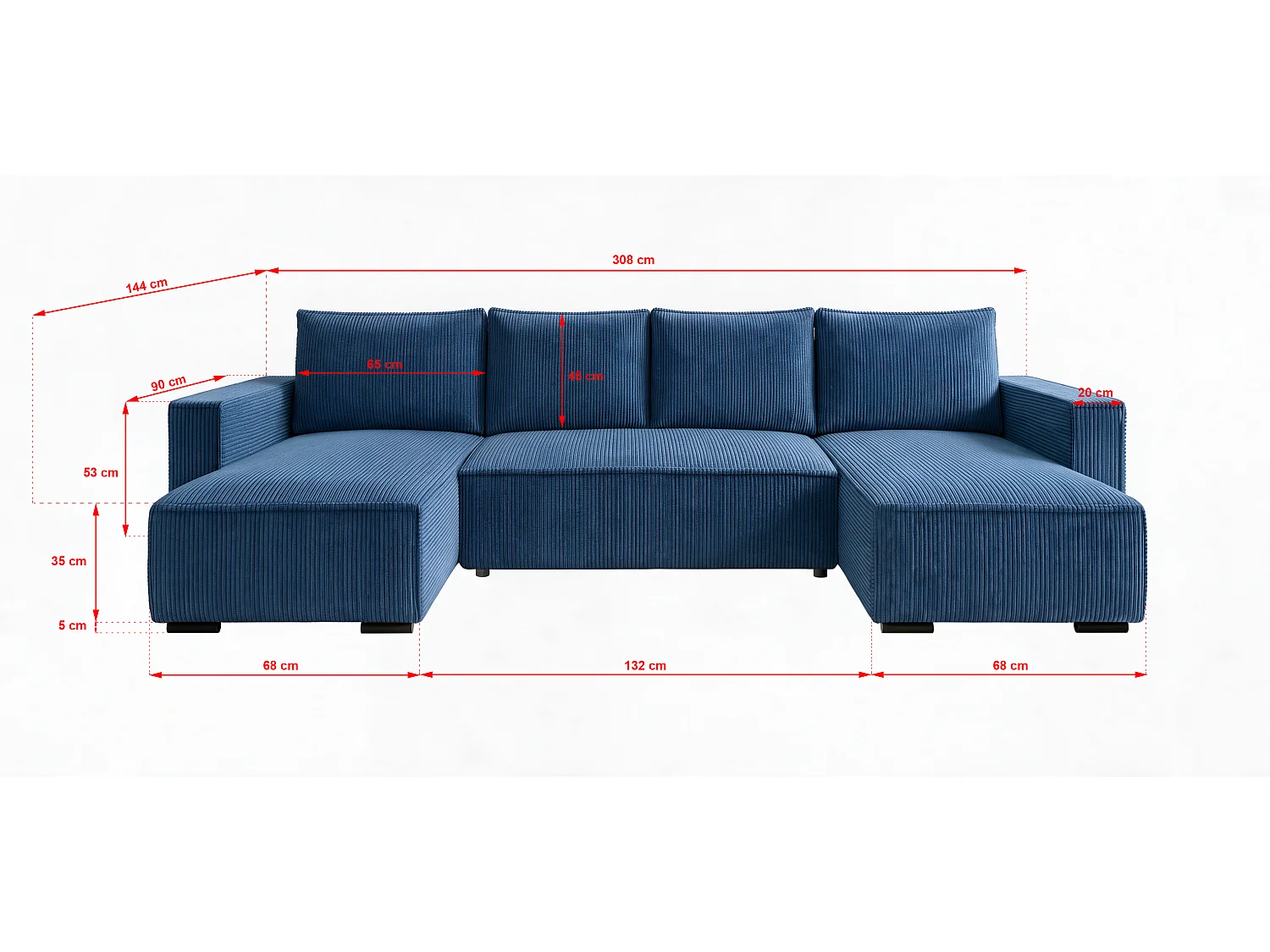 WOHNLANDSCHAFT CUDDY U mit Schlaffunktion und Bettkasten, Farbe: Blau, Cordstoff