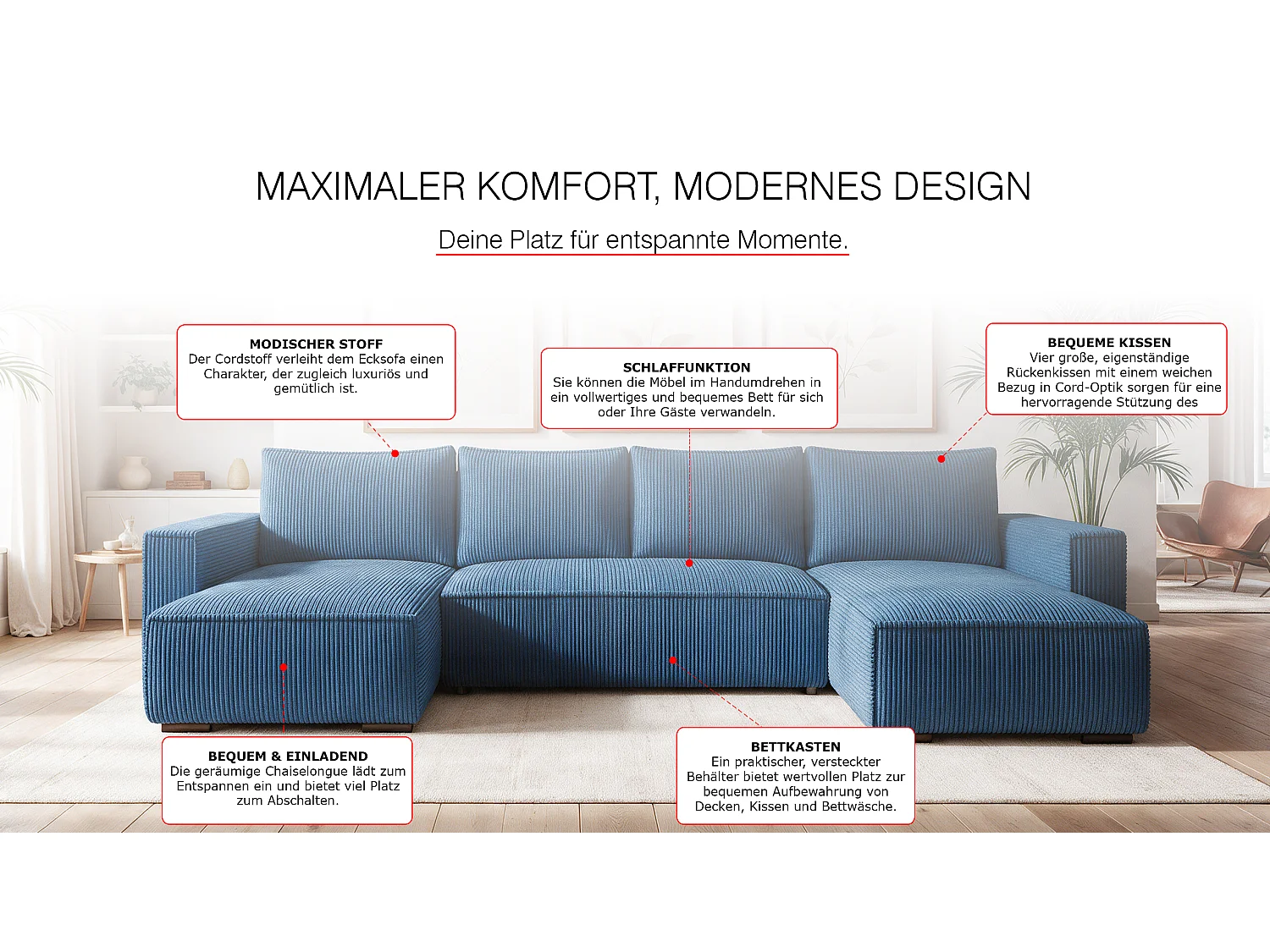 WOHNLANDSCHAFT CUDDY U mit Schlaffunktion und Bettkasten, Farbe: Blau, Cordstoff