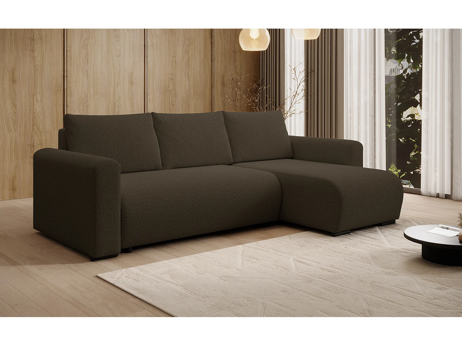 ECKSOFA DORA L, Eckcouch in L-Form mit Schlaffunktion und Bettkasten, Farbe: Dunkelbraun, Bouclé-Stoff, Ottomane Rechts
