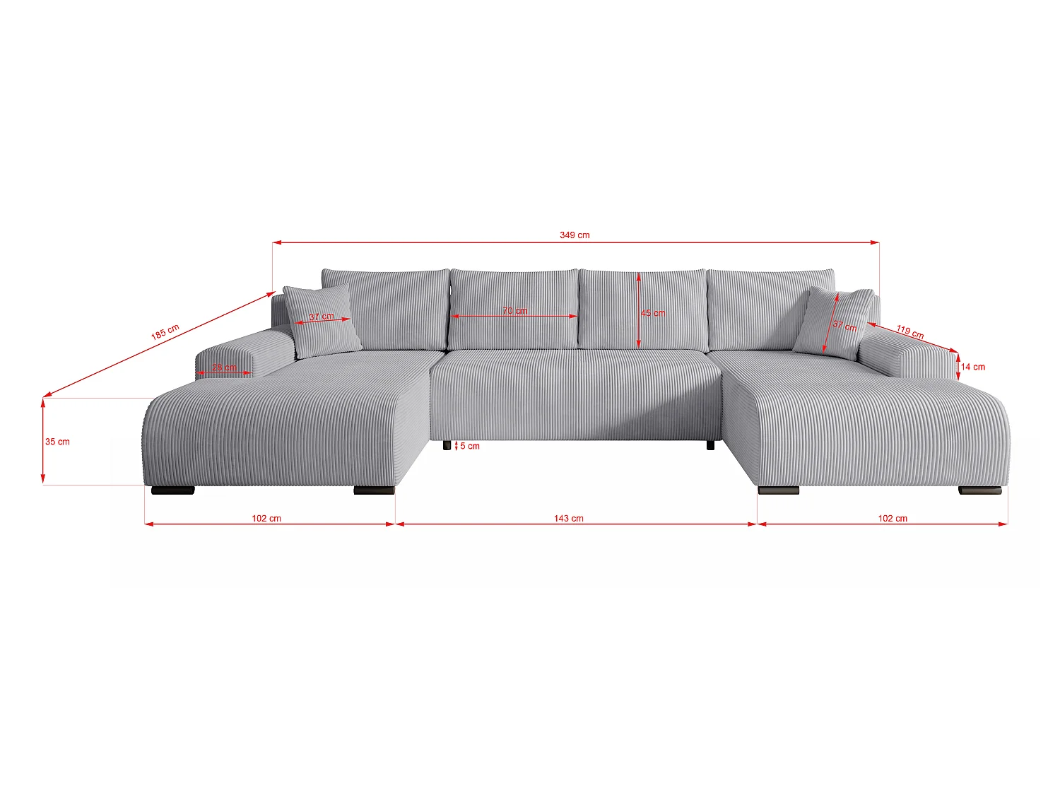 WOHNLANDSCHAFT Nelly U mit Bettkasten und Schlaffunktion, Cordstoff in U-Form