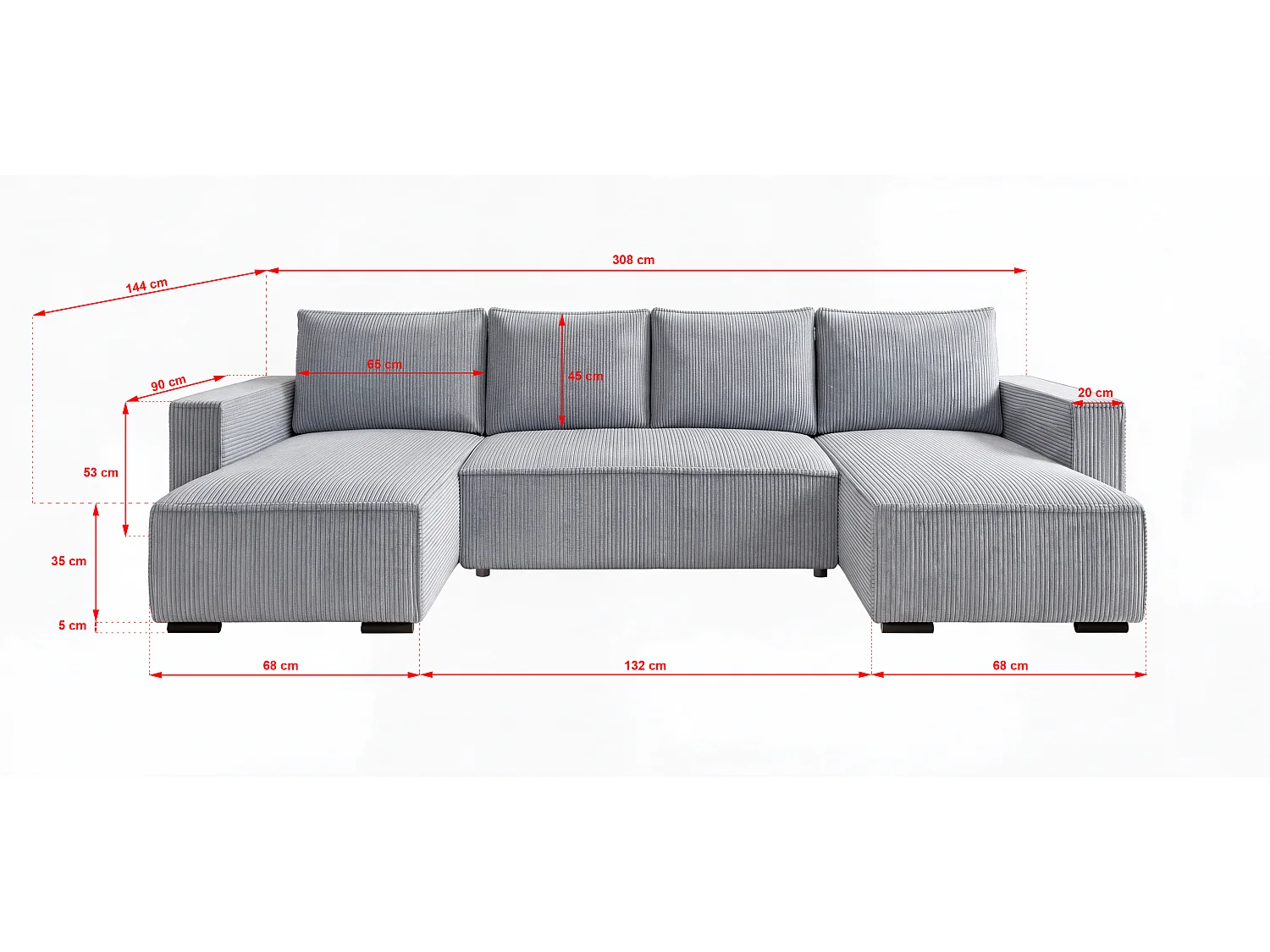 WOHNLANDSCHAFT CUDDY U mit Schlaffunktion und Bettkasten, Farbe: Grau, Cordstoff