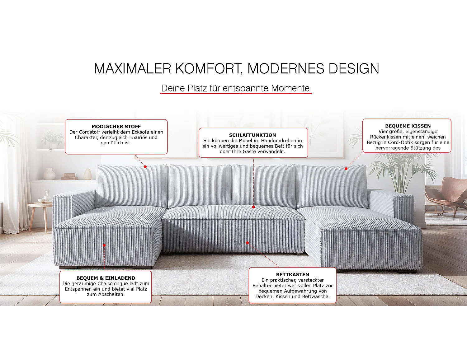 WOHNLANDSCHAFT CUDDY U mit Schlaffunktion und Bettkasten, Farbe: Grau, Cordstoff