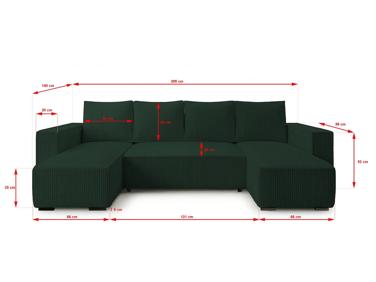 WOHNLANDSCHAFT CUDDY U mit Schlaffunktion und Bettkasten, Farbe: Grün, Cordstoff