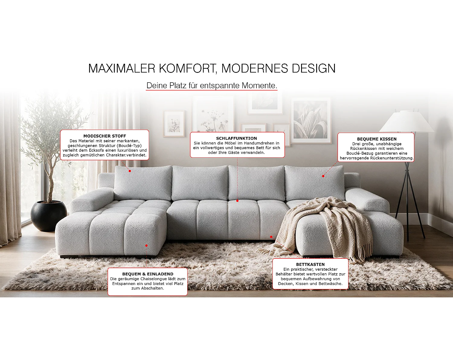WOHNLANDSCHAFT OVIA U mit Bettkasten und Schlaffunktion, Bouclé-Stoff in U-Form