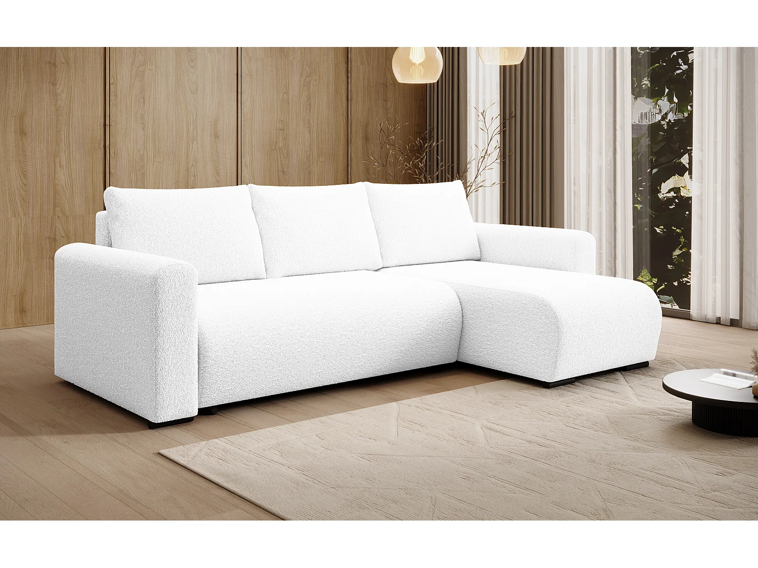 ECKSOFA DORA L, Eckcouch in L-Form mit Schlaffunktion und Bettkasten, Farbe: Weiß, Bouclé-Stoff, Ottomane Rechts