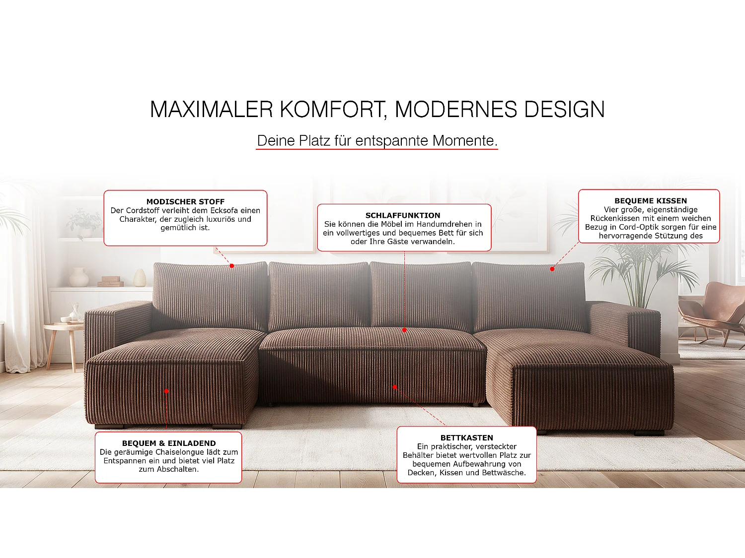 WOHNLANDSCHAFT CUDDY U mit Schlaffunktion und Bettkasten, Farbe: Braun, Cordstoff