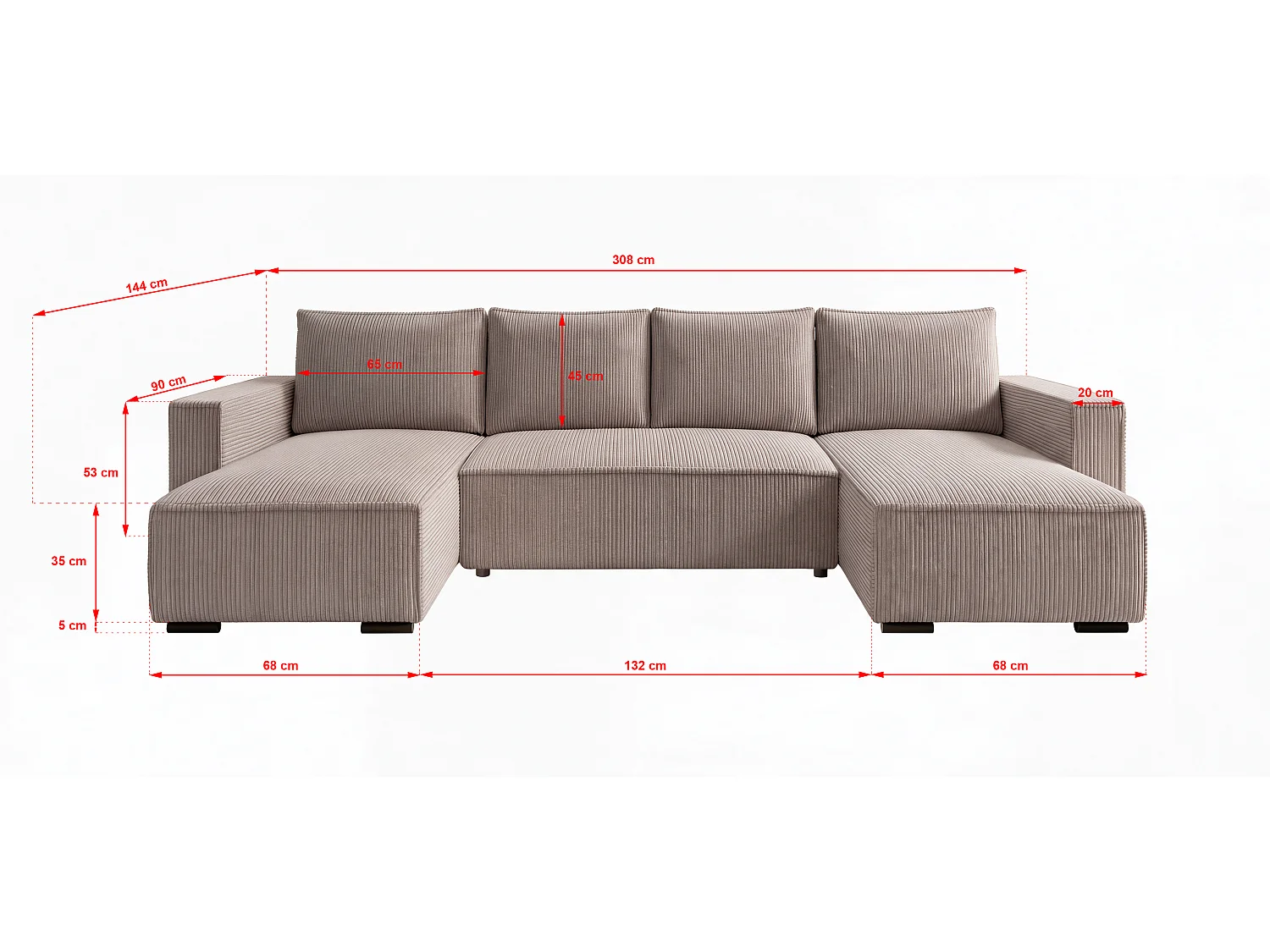 WOHNLANDSCHAFT CUDDY U mit Schlaffunktion und Bettkasten, Farbe: Braun, Cordstoff