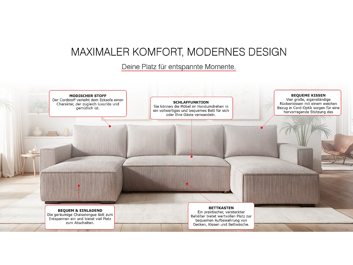WOHNLANDSCHAFT CUDDY U mit Schlaffunktion und Bettkasten, Farbe: Braun, Cordstoff