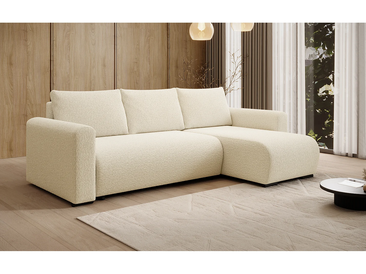 ECKSOFA DORA L, Eckcouch in L-Form mit Schlaffunktion und Bettkasten, Farbe: Beige, Bouclé-Stoff, Ottomane Rechts