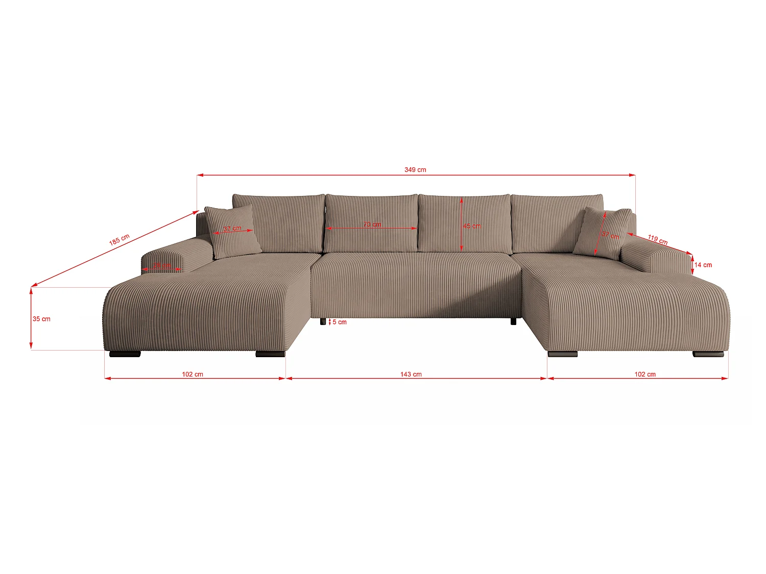 WOHNLANDSCHAFT Nelly U mit Bettkasten und Schlaffunktion, Cordstoff in U-Form
