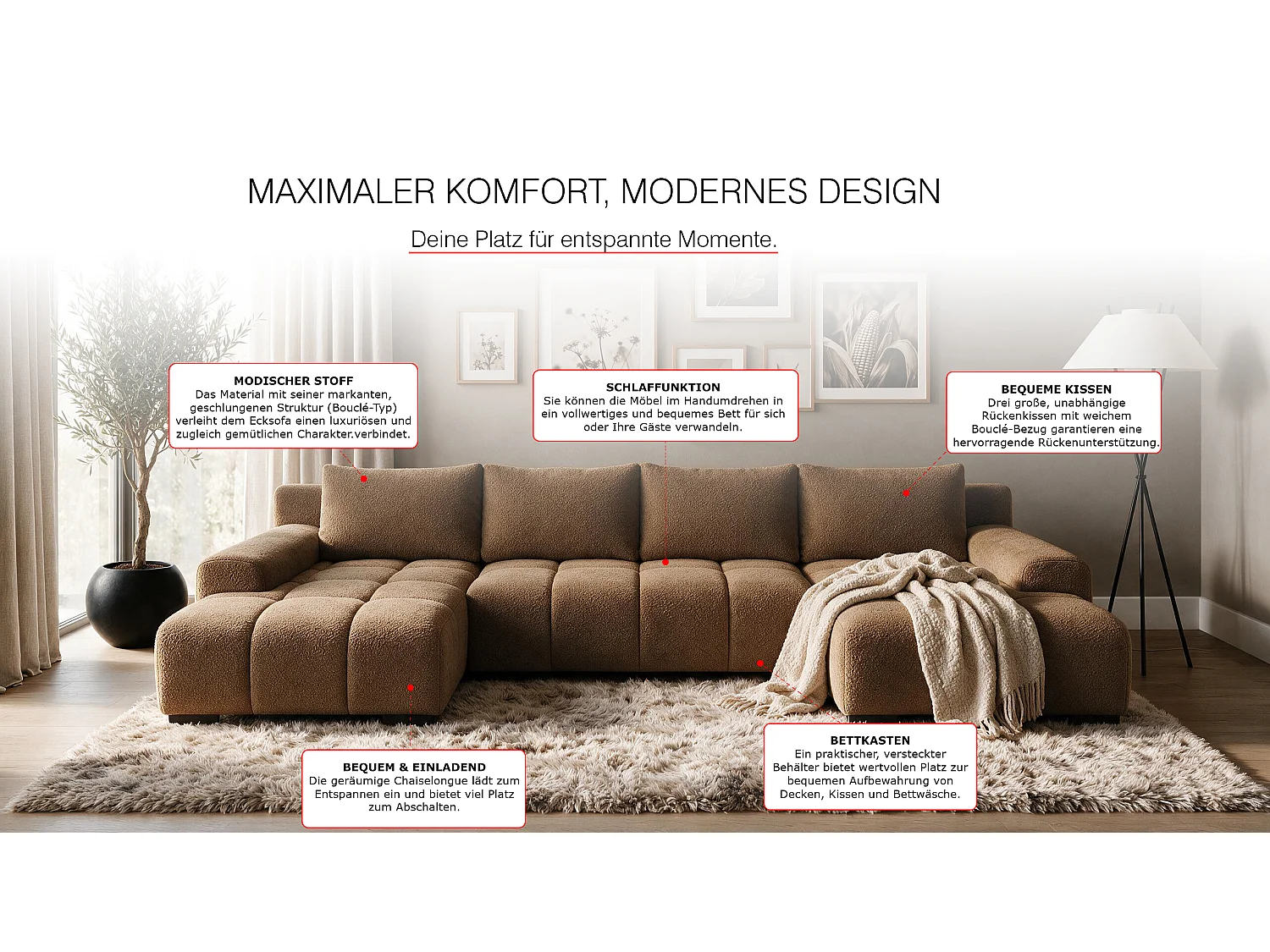 WOHNLANDSCHAFT OVIA U mit Bettkasten und Schlaffunktion, Bouclé-Stoff in U-Form