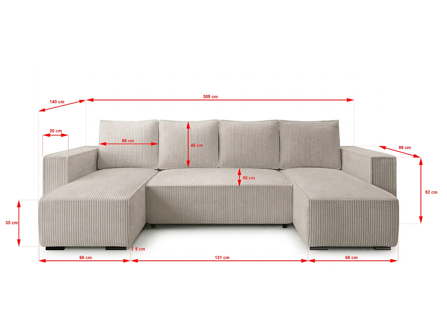 WOHNLANDSCHAFT CUDDY U mit Schlaffunktion und Bettkasten, Farbe: Hellbeige, Cordstoff