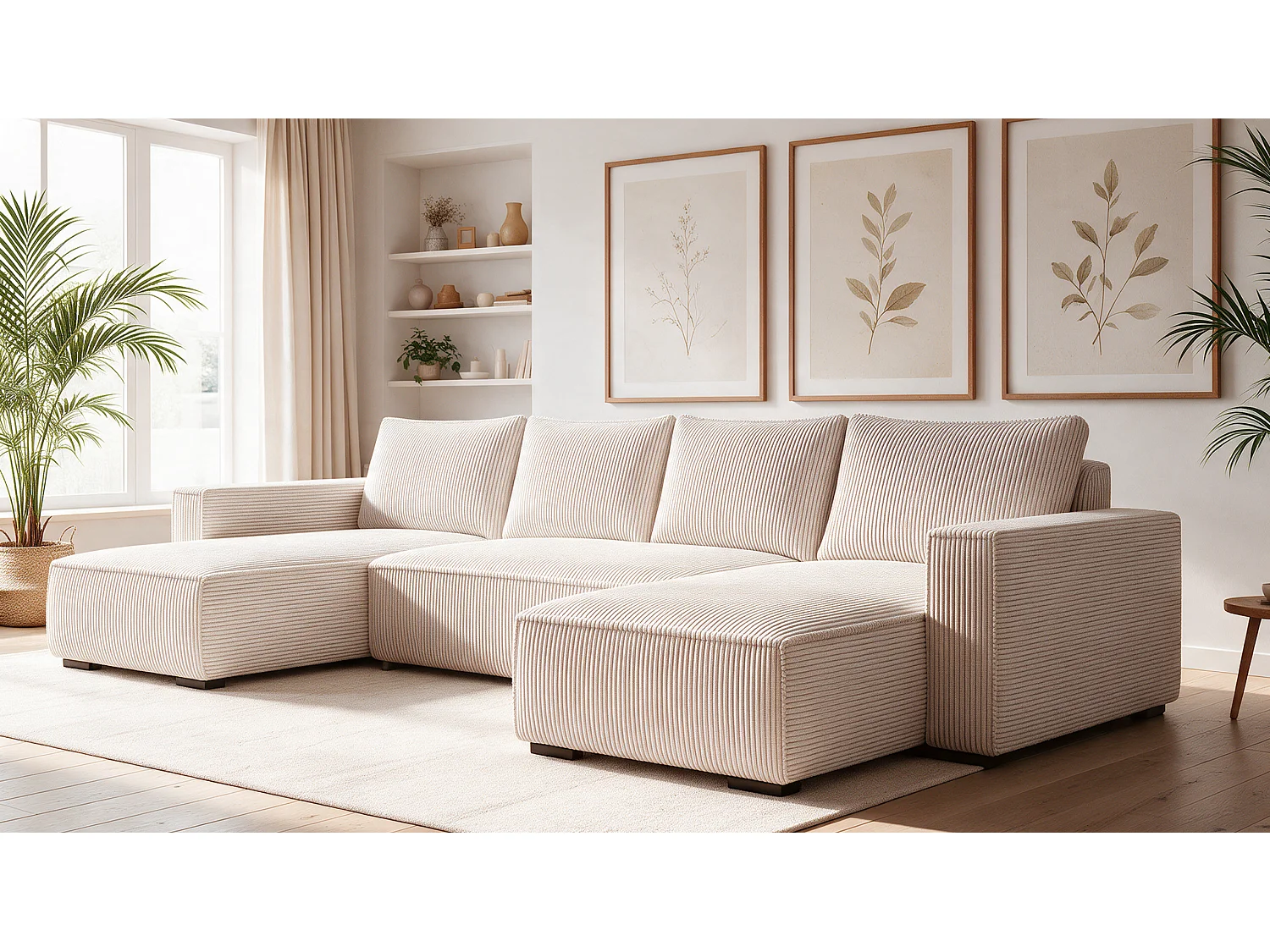 WOHNLANDSCHAFT CUDDY U mit Schlaffunktion und Bettkasten, Farbe: Hellbeige, Cordstoff