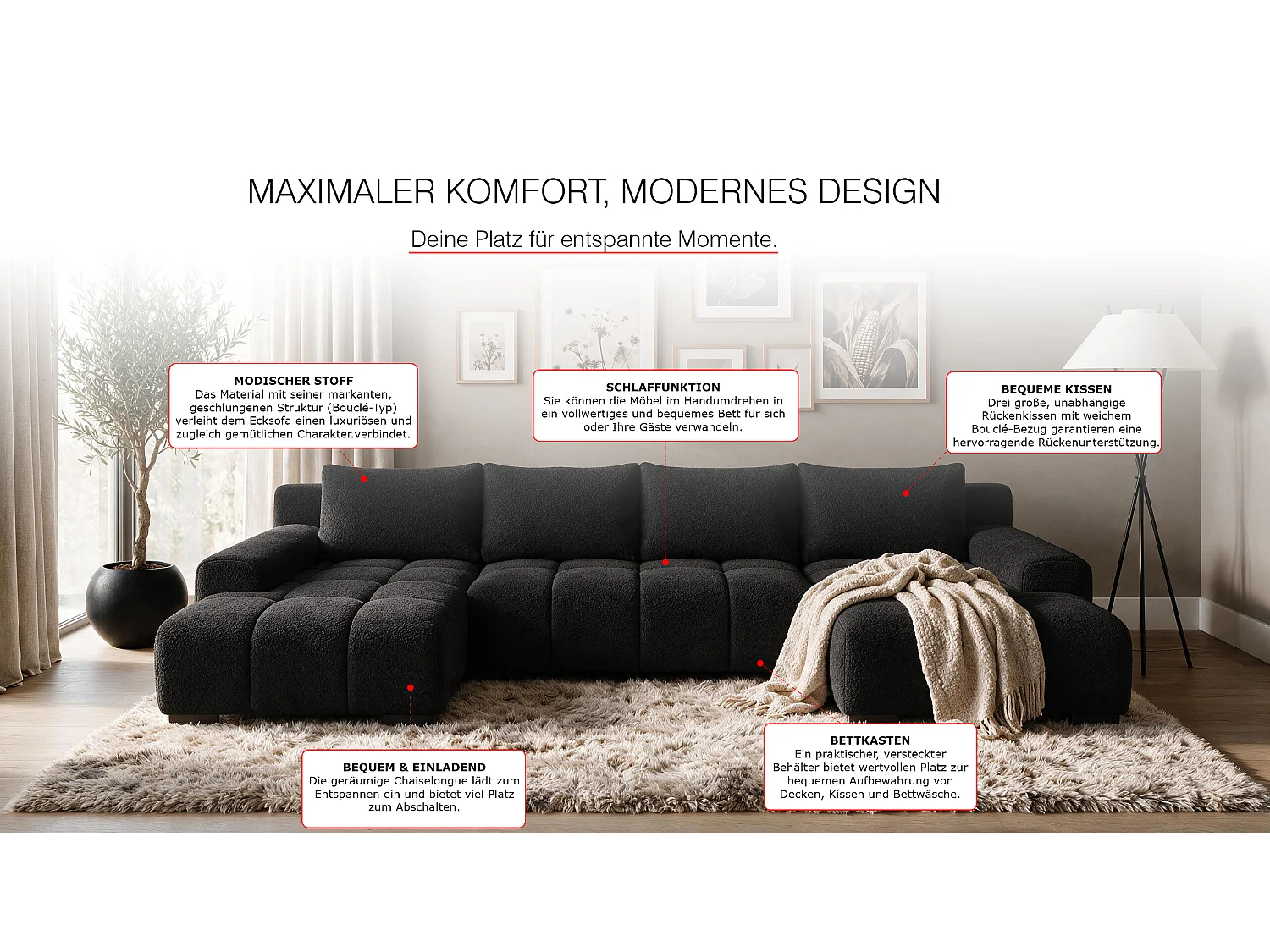 WOHNLANDSCHAFT OVIA U mit Bettkasten und Schlaffunktion, Bouclé-Stoff in U-Form