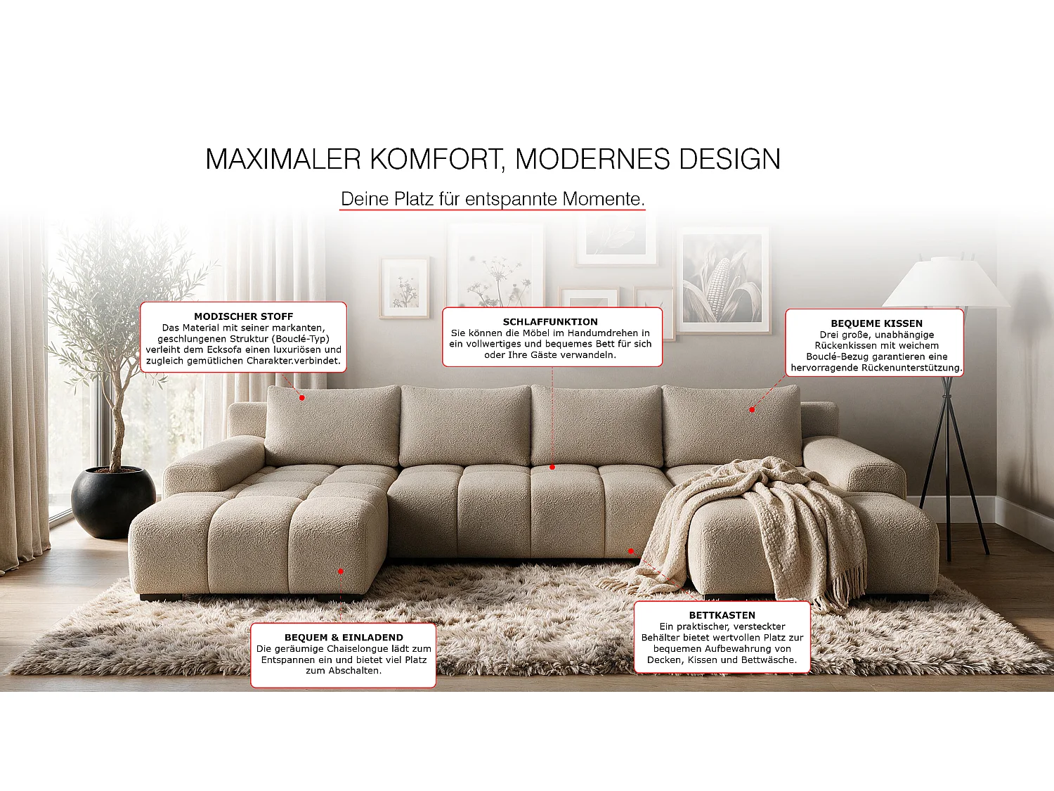WOHNLANDSCHAFT OVIA U mit Bettkasten und Schlaffunktion, Bouclé-Stoff in U-Form